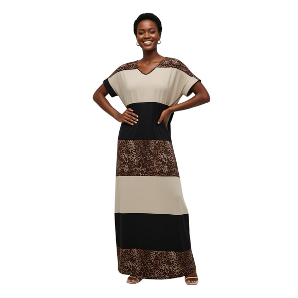 LuLaRoe Dresses & Skirts - LuLaRoe Macy V-Veck Cream and Black Maxi Dress with Leopard Accents NWT Size M